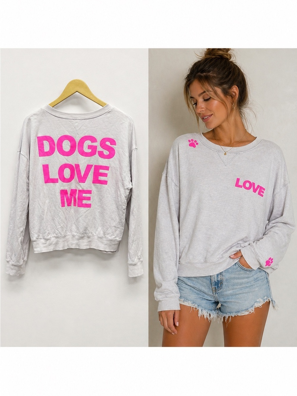 Wildfox |Gray Dogs Love Me Graphic Sweatshirt | Pink Print | Cotton | Size Small